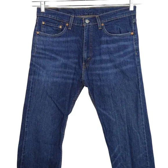 Levis 505 Straight Denim Jeans Men Size 34 x 34 Blue Dark Wash Distressed FLAW - Picture 2 of 14